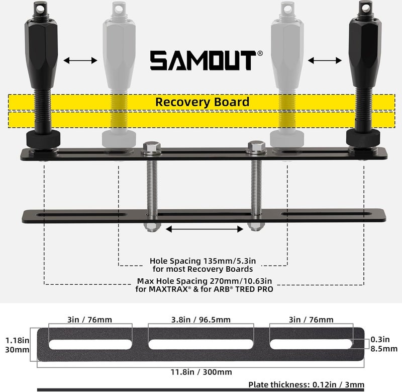 SAMOUT Recovery Board Mount Kit, Universal Bracket for Traction Tracks, Adjustable DIY Lockable Pin Set for Roof Rack, Crossbar & Cargo Basket - Image 2